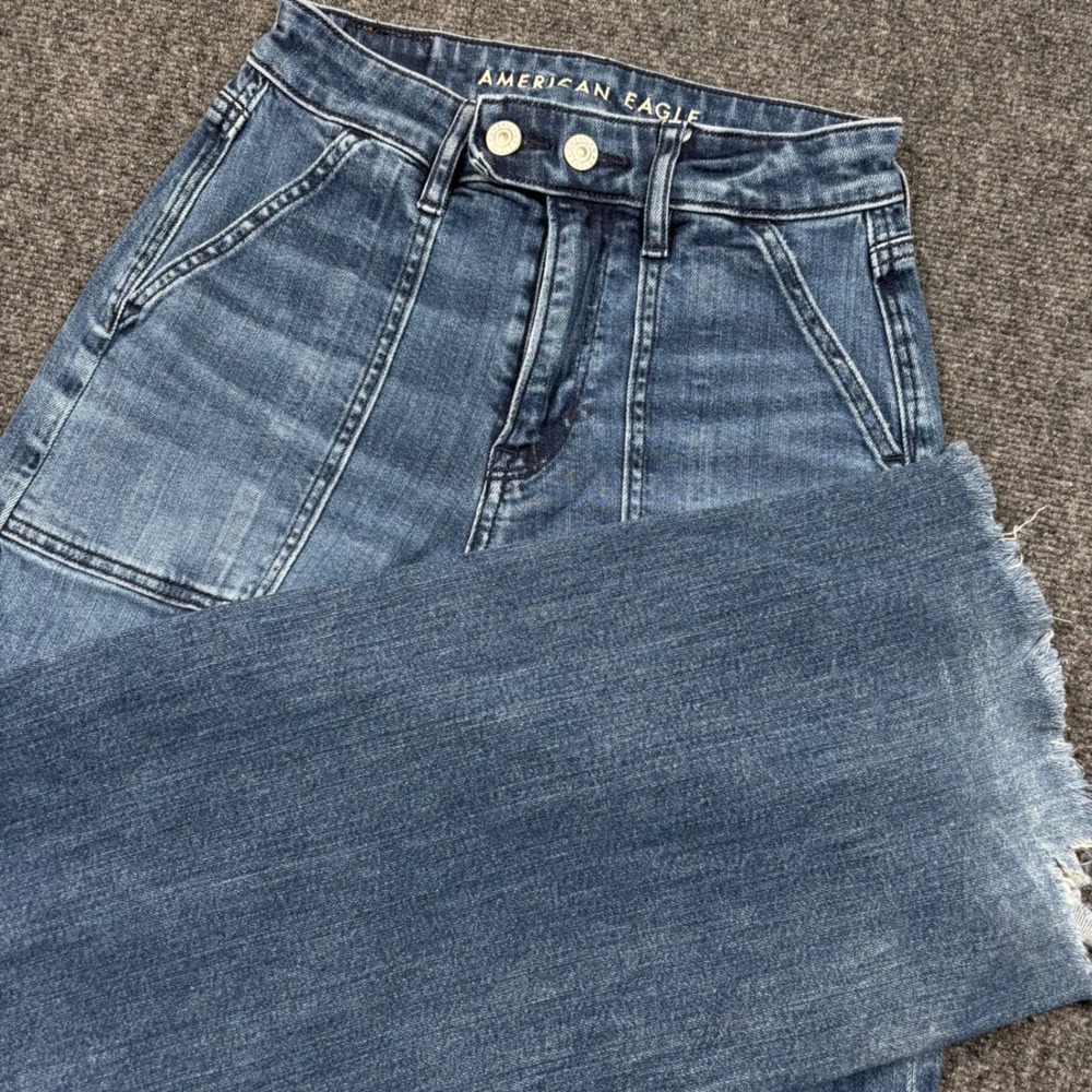 American Eagle Baggy Wide Leg Jeans Women 0 Blue Super High Rise Raw Hem Stretch